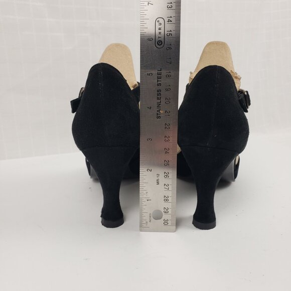 Stuart Weitzman Sz 7 Black TStrap Heels for Neiman Marcus Slits 3" Suede Shoes - Picture 6 of 16